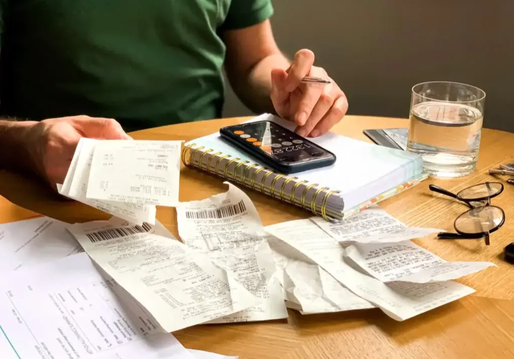 Person organizing receipts, calculator, and glass of water on table.